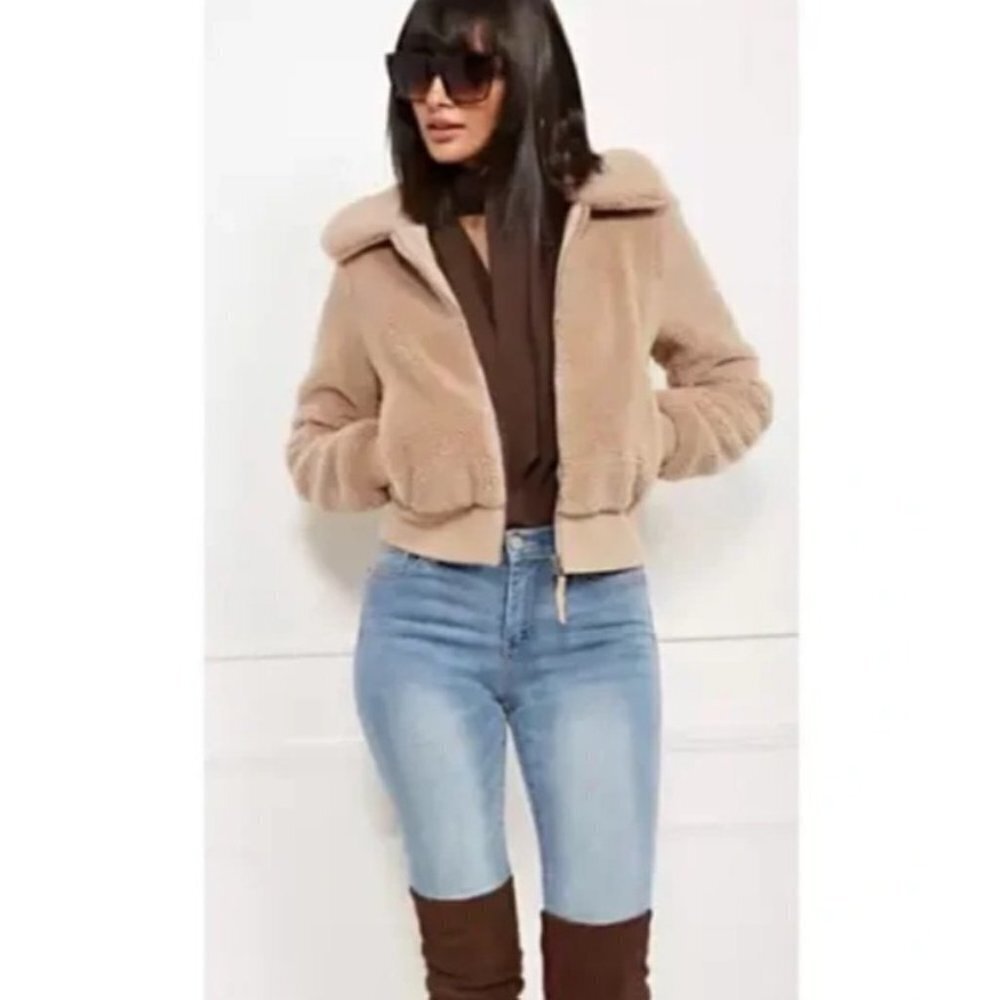 New York & Co Light Brown Faux Fur Teddy Bear Jacket Size Medium